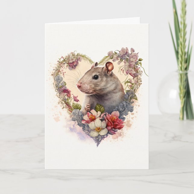 Sweet Little Rat in Flower Heart Valentine's Day Holiday Card (Front)
