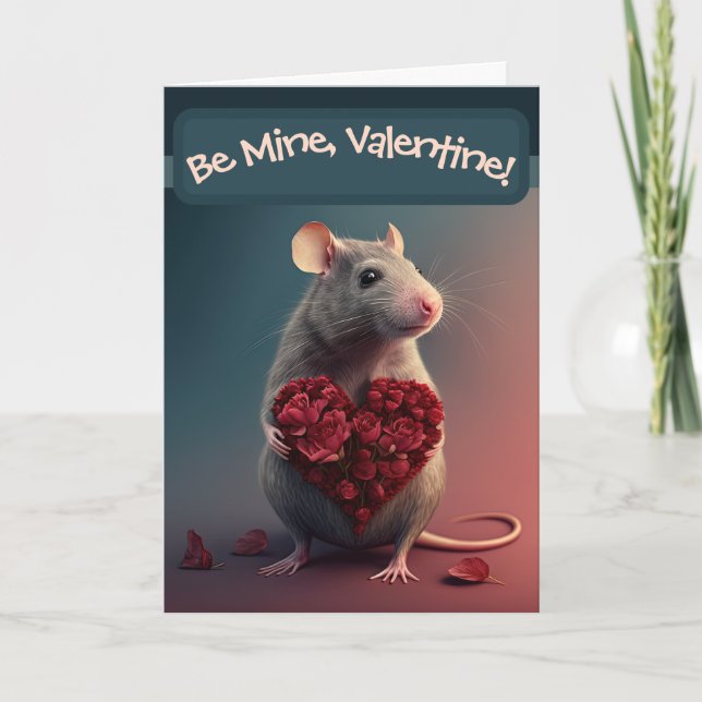 Sweet Little Rat with Flower Heart Valentine's Day Holiday Card (Front)