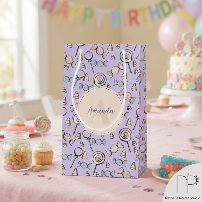 Sweet Little Thing Purple Gift Bag  (This Sweet Little Thing Purple Gift Bag features hand-drawn pastel candies and lollipops by Nathalie)
