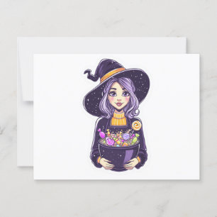 Sweet Little Witch with Magical Candy Bowl Postcard