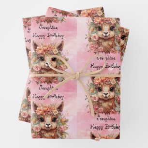 Sweet Llama Birthday Girl Add Name Alpaca 3 Cute Wrapping Paper Sheet