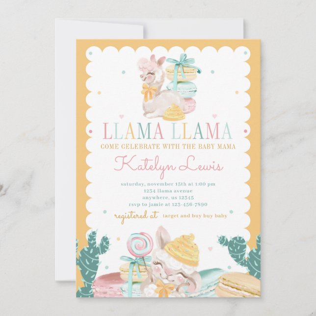 Sweet Llama Pastel Baby Shower Invitation Cactus (Front)