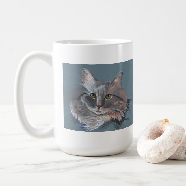 Sweet Long Hair Cat Fun Colourful Original Art mug (With Donut)