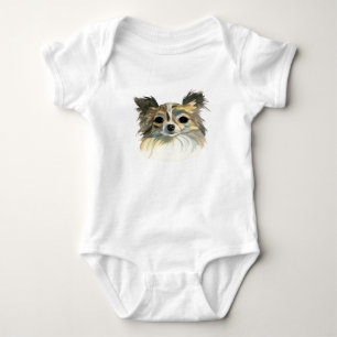 Sweet Long Hair Chihuahua Dog Watercolor Portrait Baby Bodysuit