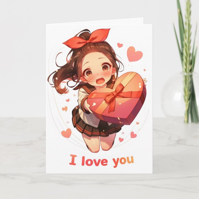 Sweet Love Anime Girl Holiday Card (Front)