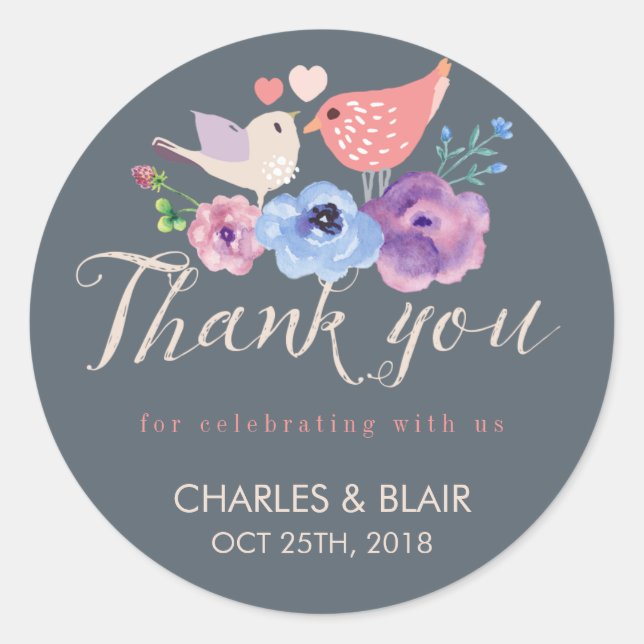 Sweet Love Bird Flower Thank You Wedding Sticker (Front)