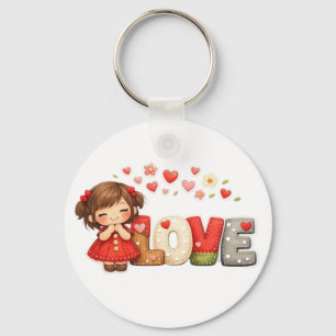 Sweet "LOVE" Heart & Chibi Girl Throw Pillow Key Ring