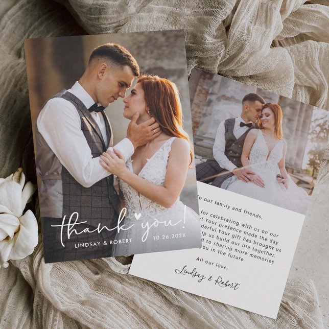 Sweet Love Heart Handwritten Script Wedding Photo  Thank You Card (Creator Uploaded)