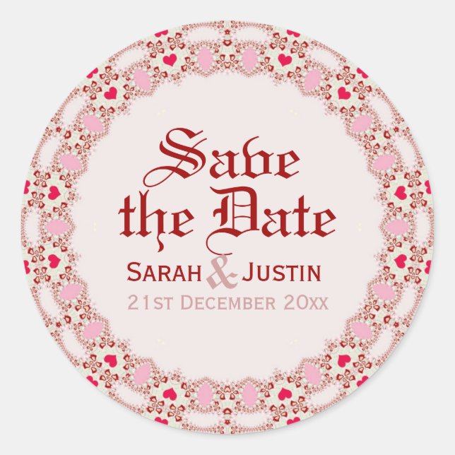 Sweet Love Hearts Lace Save the Date round Sticker (Front)