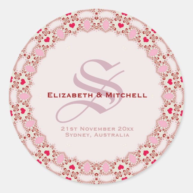 Sweet Love Hearts Lace Wedding Keepsake Classic Round Sticker (Front)