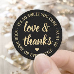 Sweet Love & Thanks Black & Gold Simple Script Classic Round Sticker<br><div class="desc">Add a personalised touch to party favours and thank you notes with custom "love and thanks" round stickers / envelope seals. All wording on this template is simple to customise for any occasion, such as wedding, bridal shower, graduation, birthday party, anniversary or retirement. The black and gold design features modern...</div>