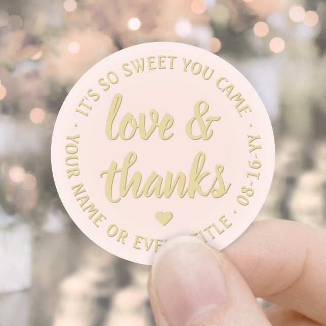 Sweet Love & Thanks Blush Pink & Gold Elegant Classic Round Sticker (Creator Uploaded)