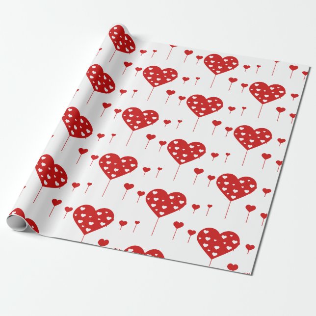 Sweet Lovely Romantic Red Hearts Wrapping Paper (Unrolled)