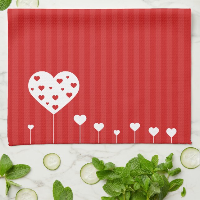 Sweet Lovely Romantic Red White Hearts Tea Towel (Folded)