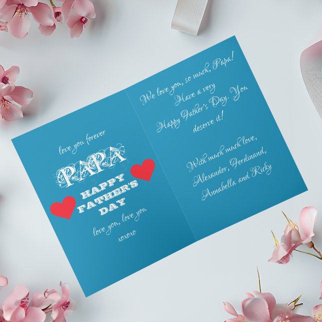 Sweet & Loving Modern Blue White Red Fathers Day  Card (Show him how much the family cares with this Gushy Sweet & Loving Blue & White with Red Hearts Card.)
