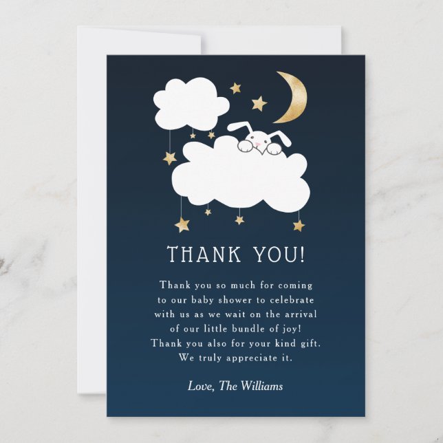 Sweet Lullaby Bunny Baby Shower Navy Gold Thank You Card (Front)