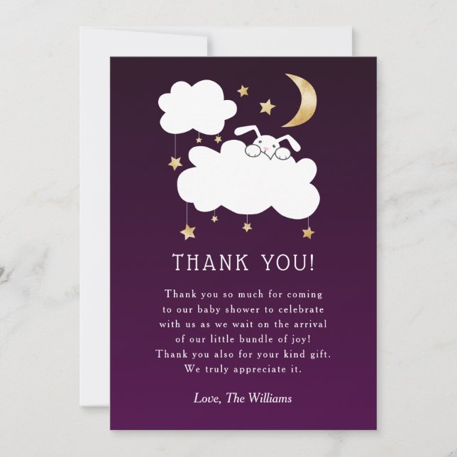 Sweet Lullaby Bunny Baby Shower Purple Gold Thank You Card (Front)