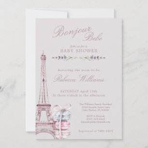 Sweet Macaron Bonjour Bebe Paris Baby shower Invitation