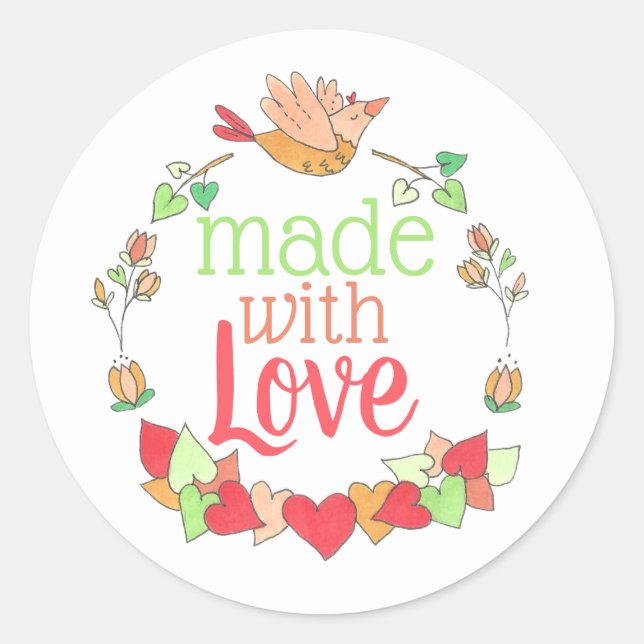 Sweet Made with Love Flower and Bird Wreath Classic Round Sticker (Front)