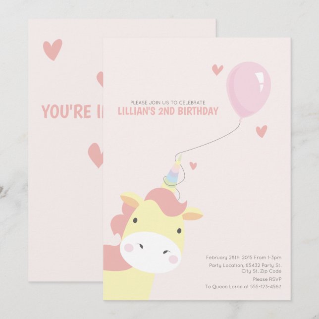 Sweet, Magical Birthday Unicorn Invitations (Front/Back)