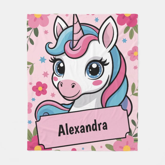 Sweet Magical Unicorn Design Personalised Girly  Fleece Blanket (Front)