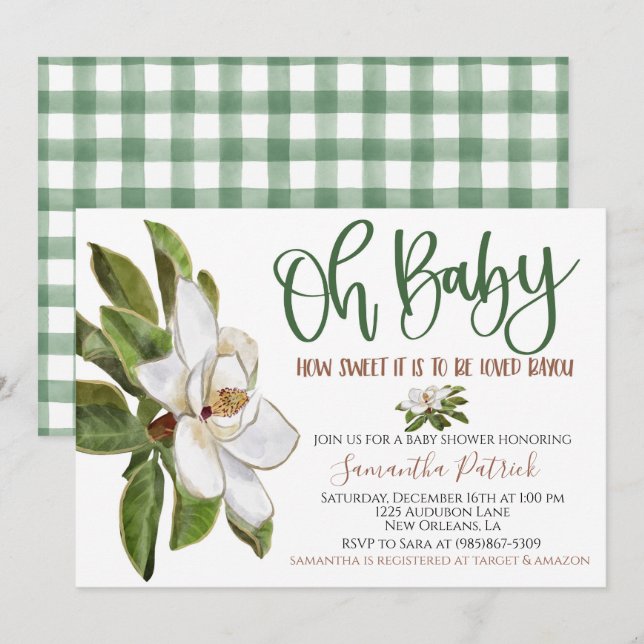 Sweet Magnolia Bayou Baby Shower Invitation (Front/Back)
