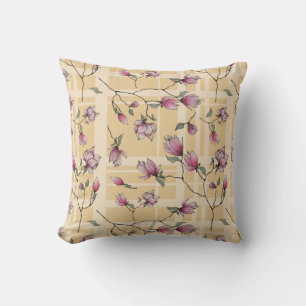 Sweet Magnolia Blossoms on Yellow Plaid Cushion