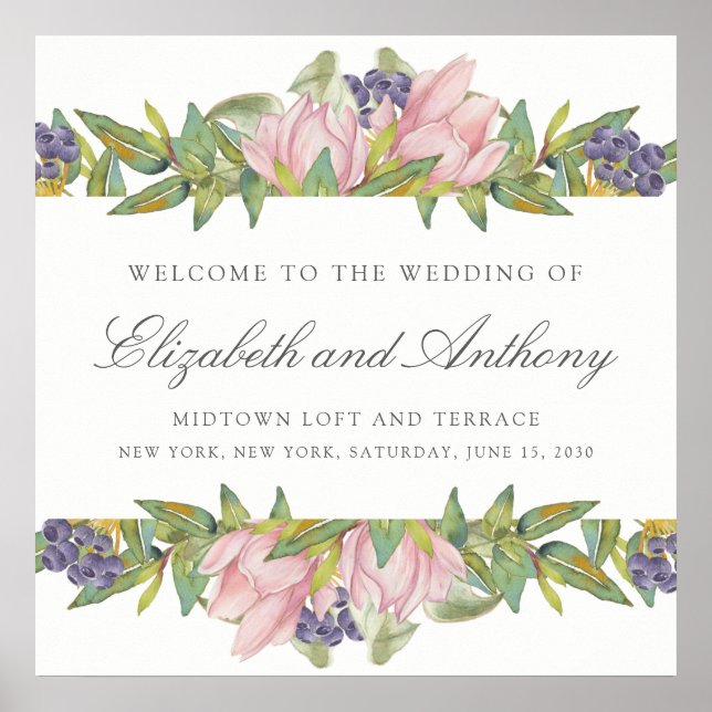 Sweet Magnolia Watercolor Wedding Sign Poster (Front)