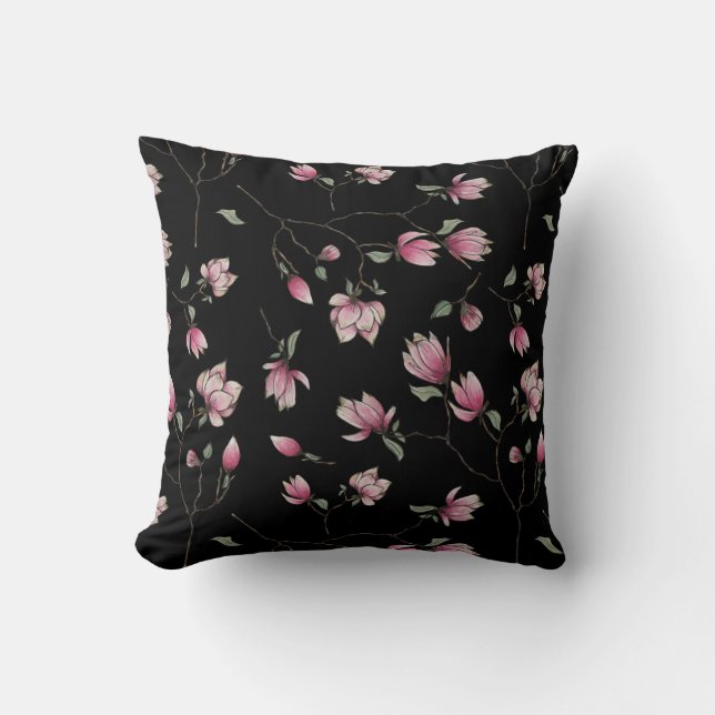 Sweet Magnolias Pink Blossoms on Black Cushion (Front)