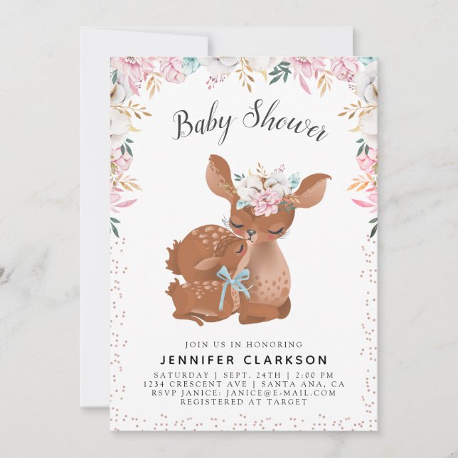 Sweet Mama & Baby Deer Welcome Baby Invitation (Front)