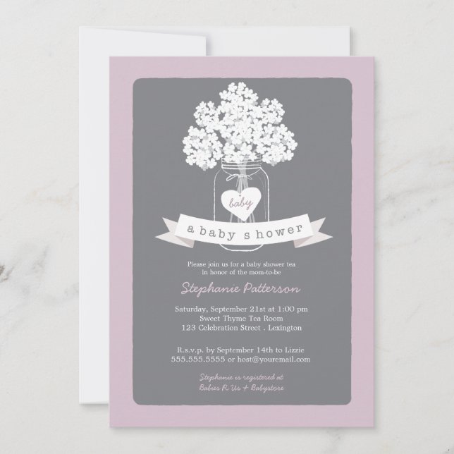Sweet Mason Jar Lilac Grey Baby Shower Invitation (Front)