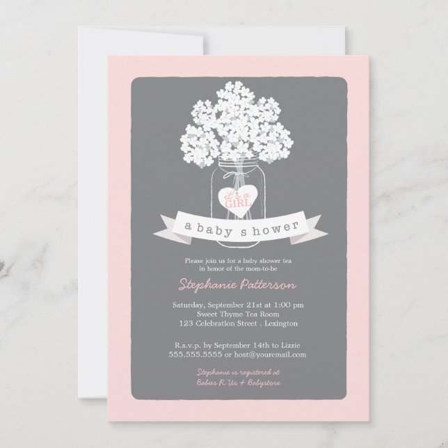 Sweet Mason Jar Pink | Grey Baby Shower Invitation (Front)