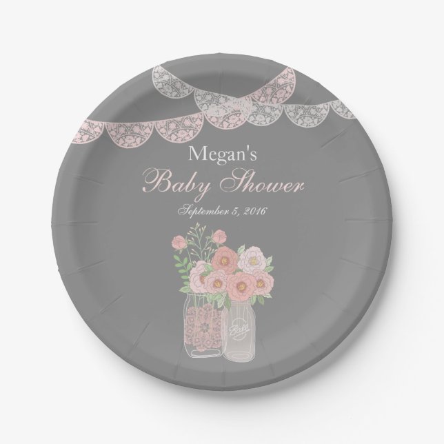 Sweet Mason Jar Pink Grey Baby Shower Paper Plates (Front)