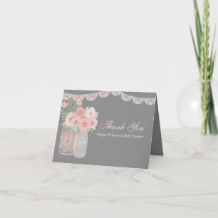 Sweet Mason Jar Pink Grey Baby Shower Thank You Card