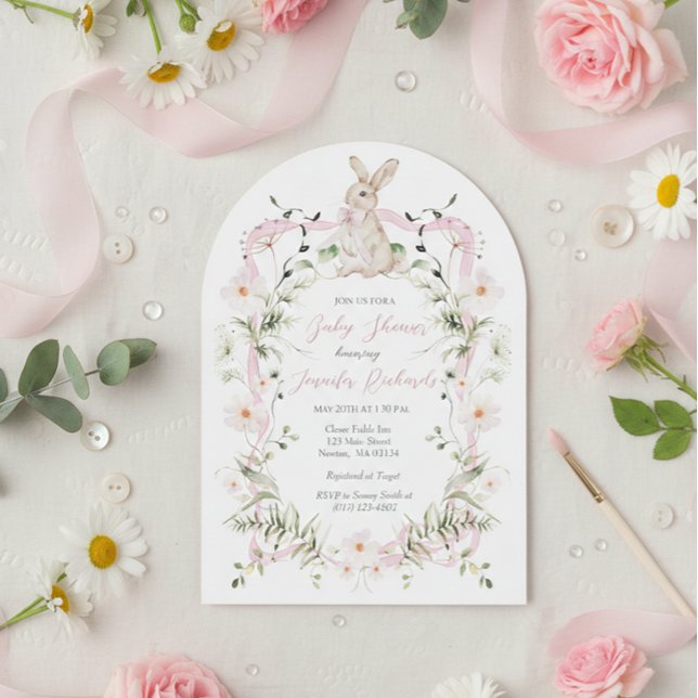 Sweet Meadow Bunny Wildflower Ribbon Baby Shower Invitation (Creator Uploaded)