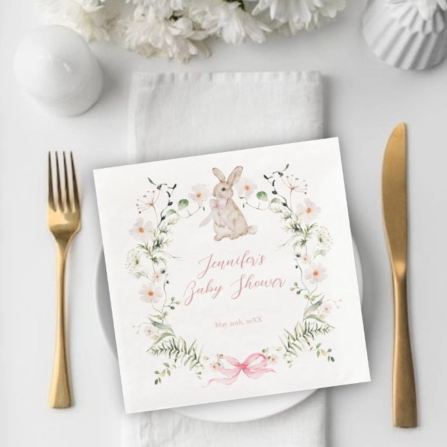 Sweet Meadow Bunny Wildflowers Bow Baby Shower Napkin (Creator Uploaded)