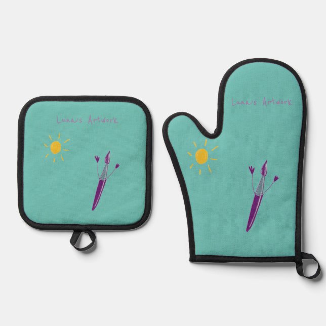Sweet Memories -Your Child’s Artwork Teal Oven Mitt & Pot Holder Set (Front)