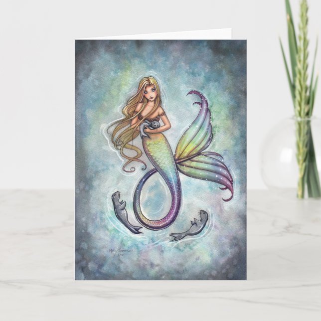 Sweet Mermaid and Baby Seals Greeting Card (Front)