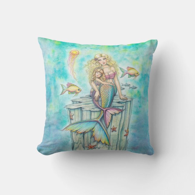 Sweet Mermaid and Daughter Fantasy Watercolor Art Cushion (Front)