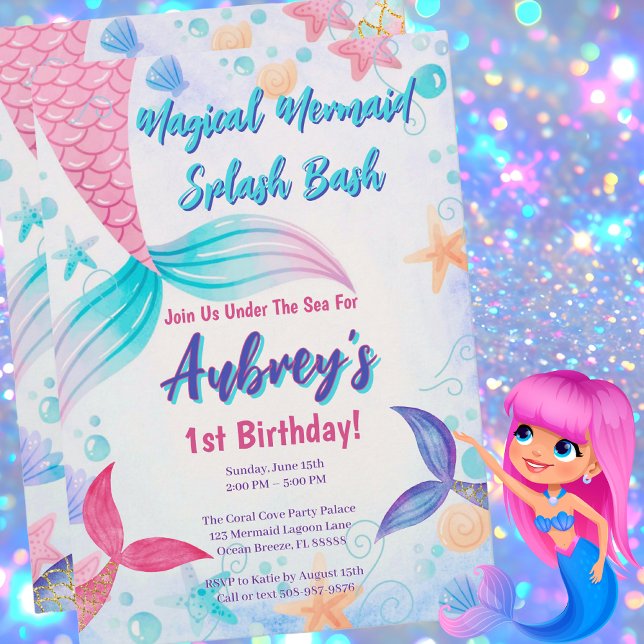 Sweet Mermaid Birthday Pink Purple Teal Watercoler Invitation (Magical Mermaid Birthday Party Invitation)