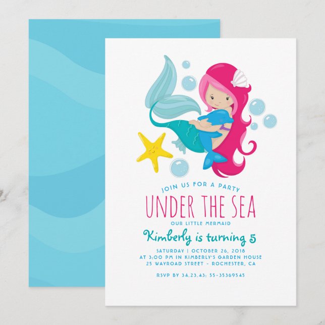 Sweet Mermaid Girl's Birthday Party Invitation (Front/Back)