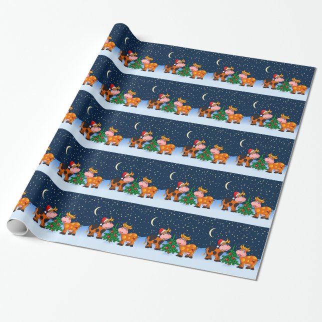 Sweet Merry Christmas Cow Couple By Christmas Tree Wrapping Paper (Unrolled)