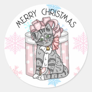 Sweet Merry Christmas Grey Kitten Pink Present  Classic Round Sticker