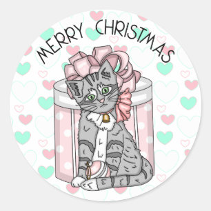 Sweet Merry Christmas Grey Kitten Pink Presents Classic Round Sticker