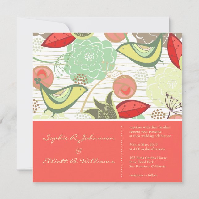 Sweet Mint Birds Floral Garden Wedding Invitation (Front)