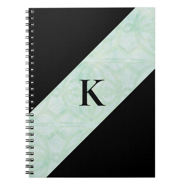 Sweet Mint Green Batik and Black Monogrammed Notebook (Front)