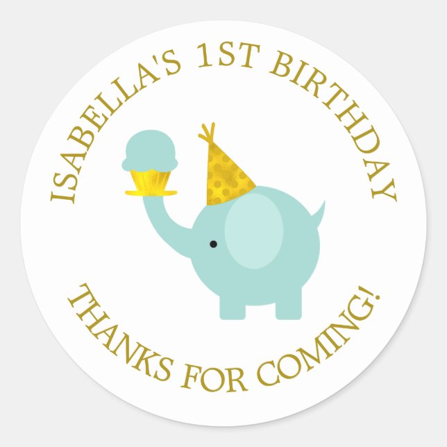 Sweet Mint Green Elephant Birthday Party Classic Round Sticker (Front)