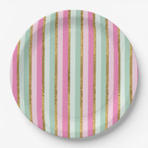 Sweet Mint Green Pink And Gold Stripes Paper Plate