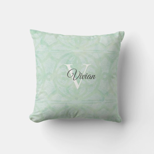 Sweet Mint Green Watercolor Monogram Name Cushion (Front)