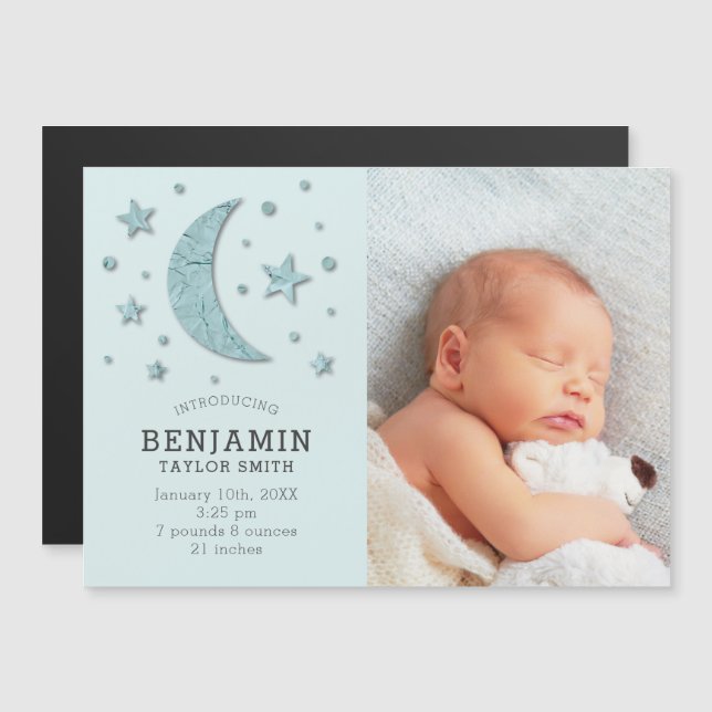 Sweet Mint Moon Stars Photo Birth Announcement (Front/Back)